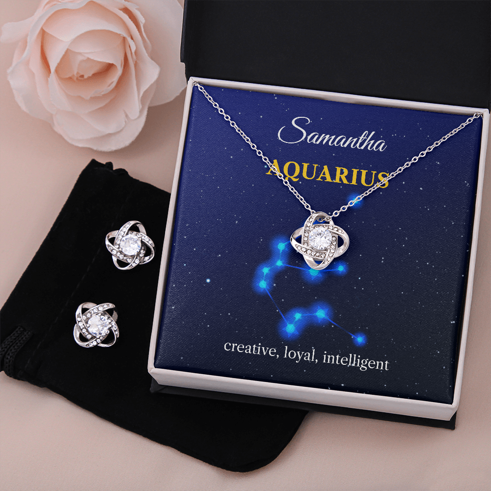 Personalized Aquarius Zodiac Love Knot Necklace with Message Card